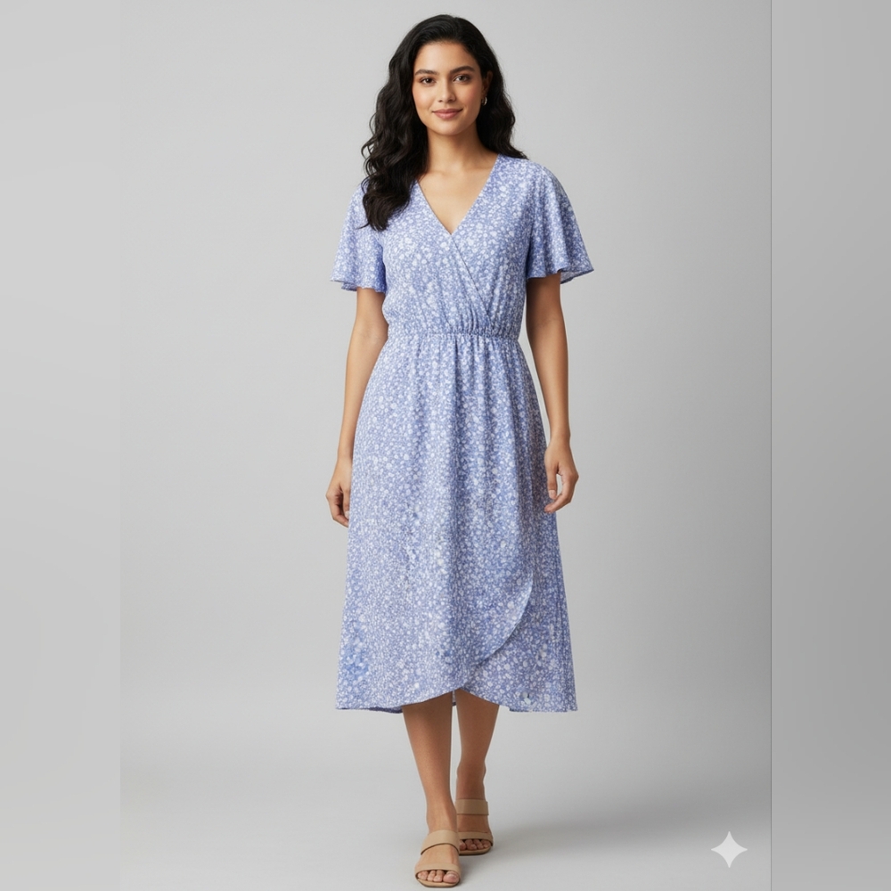 Sienna Sky Women's Blue Ditsy Floral Short Sleeve Midi Wrap Dress Size Medium